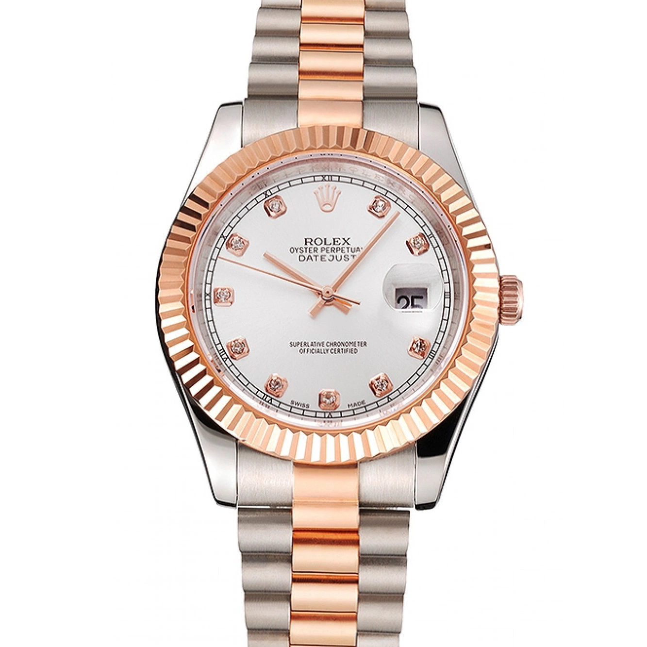 Datejust Bezel White Swiss Two Dial Steel Gold Stainless Tone Rose Bracelet Rolex Case 0826